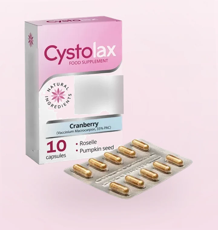 Cystolax — iepakojums un blisteris ar desmit kapsulām