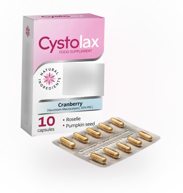 Cystolax — pudełko i blister z dziesięcioma kapsułkami