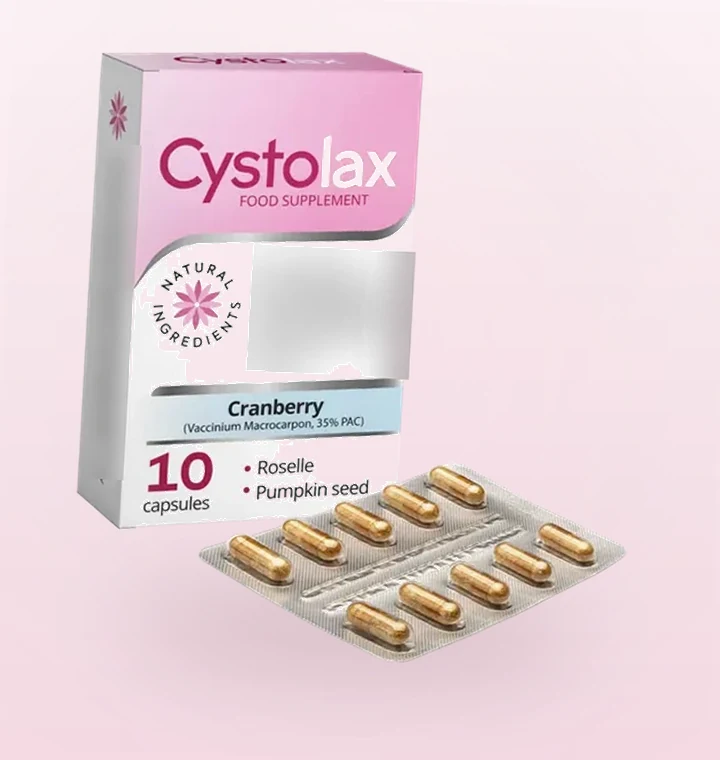 Cystolax — škatlica in pretisni omot z desetimi kapsulami